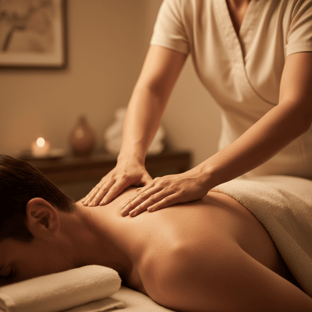Massage therapist performing shoulder massage