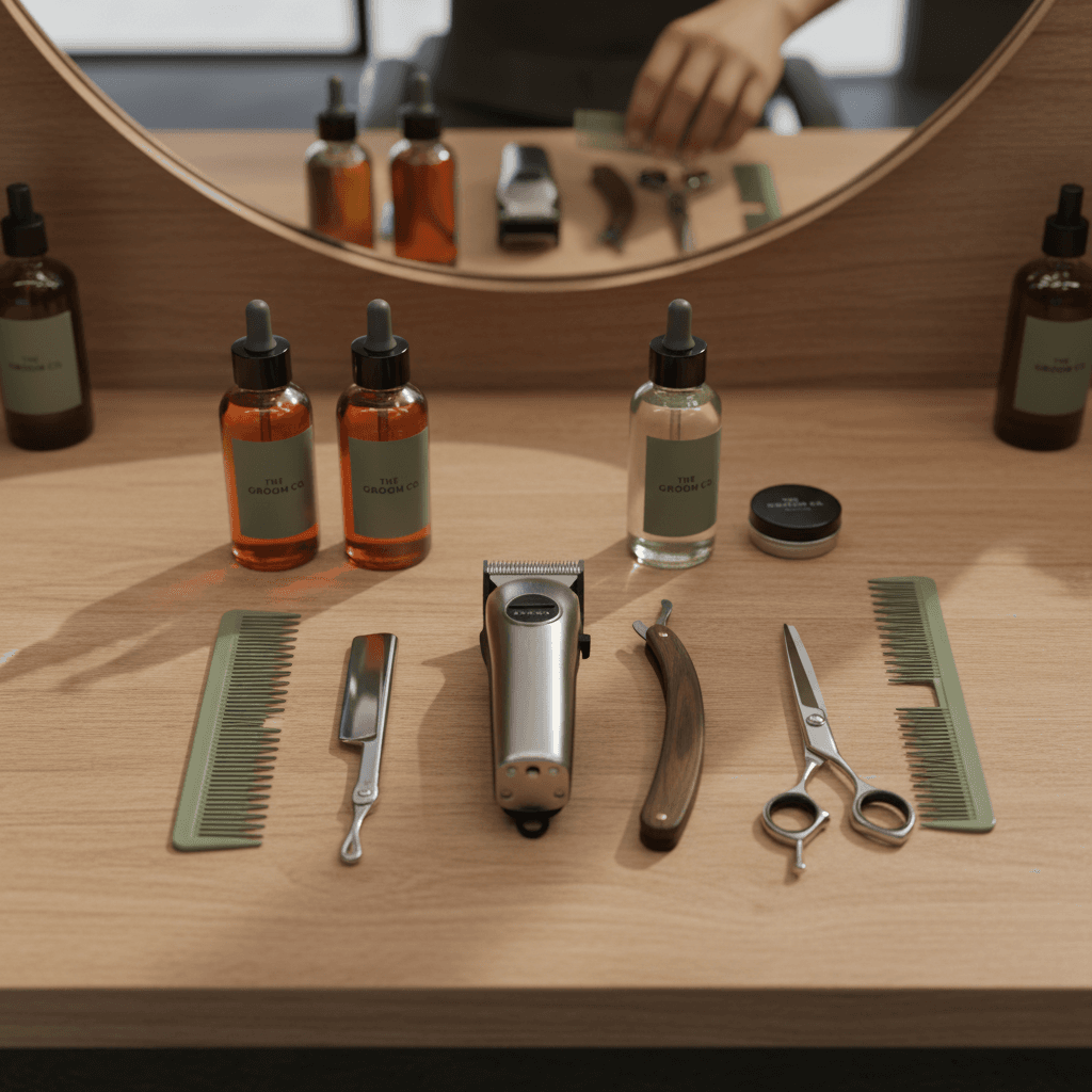 Professional manscaping tools and grooming workspace